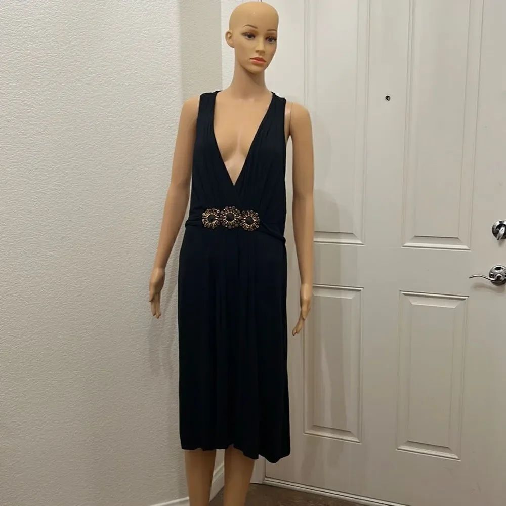 Nicole Miller Size 14 N Neck Sleeveless Midi Tie Back Black Brown Beaded